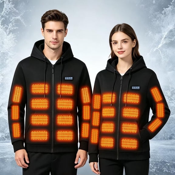 Nmnitkp Unisex Heated Hoodie 4‑Controller 38 Heating Zones USB Rechargeable Full Zip Drawstring Hooded Jacket Pockets for Winter Outdoor Camping Hiking Daily Wear Black,S