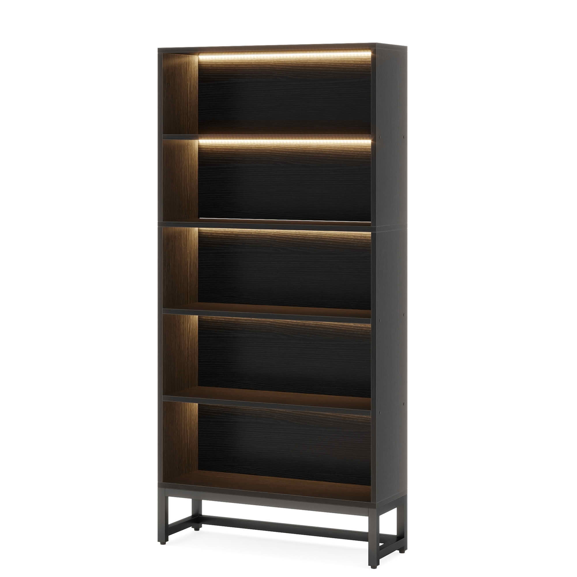 MAYEERTY 70.8 Inch 5-Tier Black Tall Bookcase with APP Controlled LED Lights, Heavy Duty Particleboard Metal Frame Bookshelf Organizer with Anti-Tip Kit for Home Office Living Room