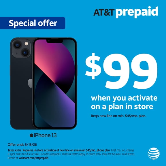 AT&T Apple iPhone 13, 128 GB, Midnight - Prepaid Smartphone [Locked to AT&T]