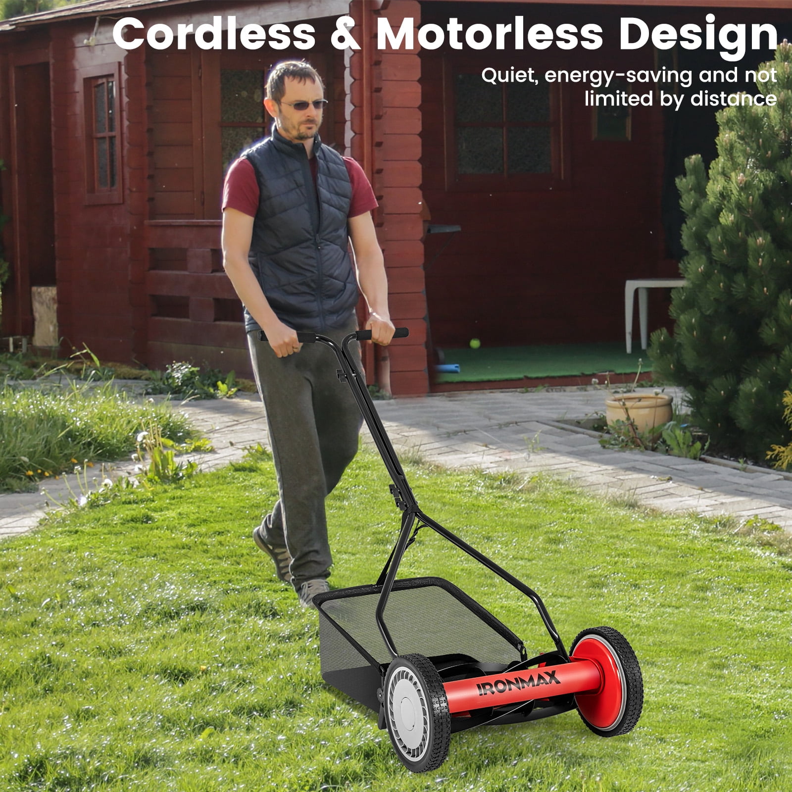 Topbuy Push Lawn Mower Cordless 14" Manual Reel Mower w/ 5-Blade 6.6 Gallon Removable Grass Catcher Red