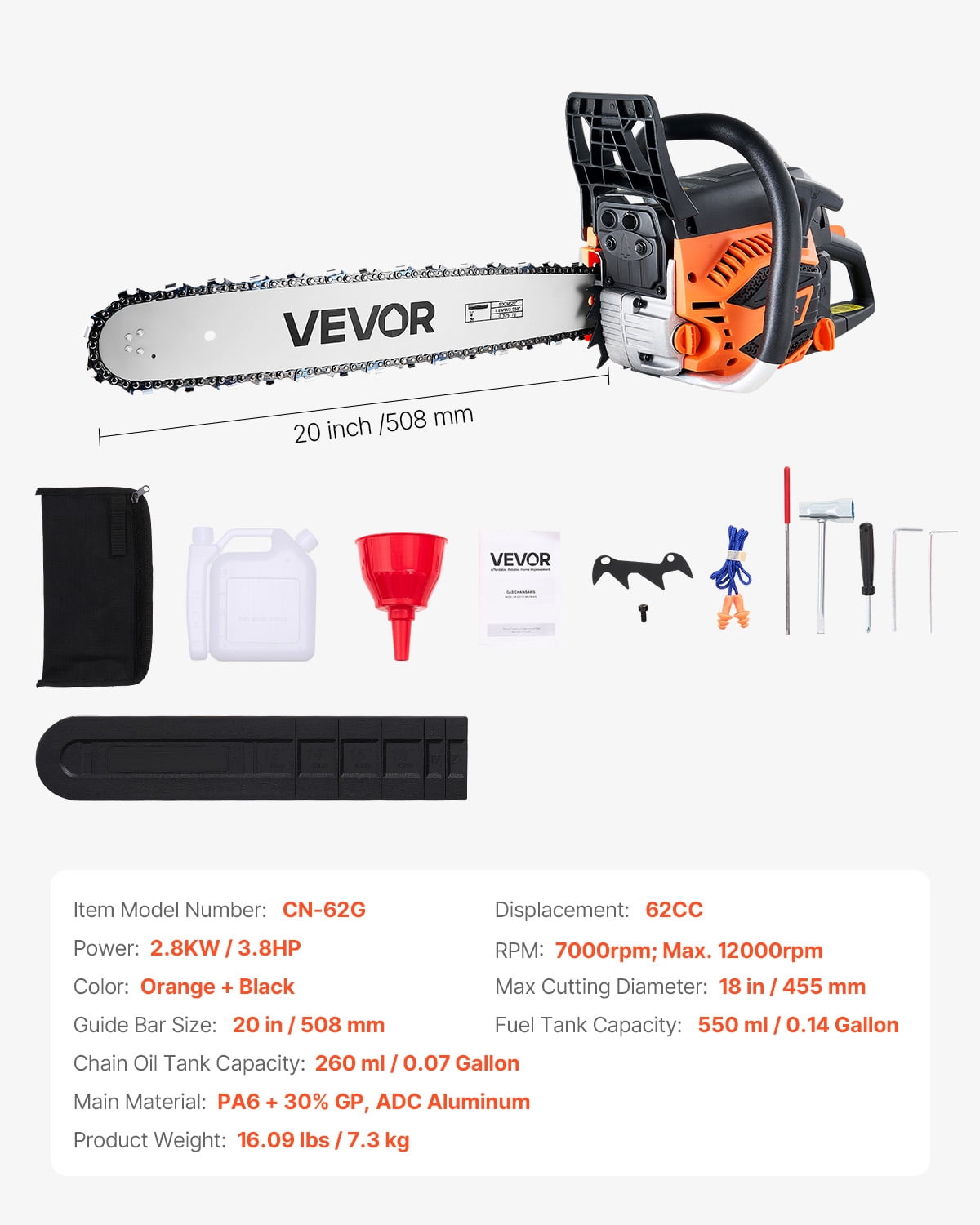 VEVOR 62cc Gas Chainsaw with 20in Bar, 3.8HP Heavy Duty Cordless Chainsaw, 2 Cycle Powerful Chainsaws for Wood Cutting, Tree Trimming