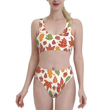 Bixox Acorns and Autumn Leaves Pattern Two-Piece Sports Bikini with U-Shaped Top and High-Waist Bottom - Women s Swimwear with Removable Bra Pads