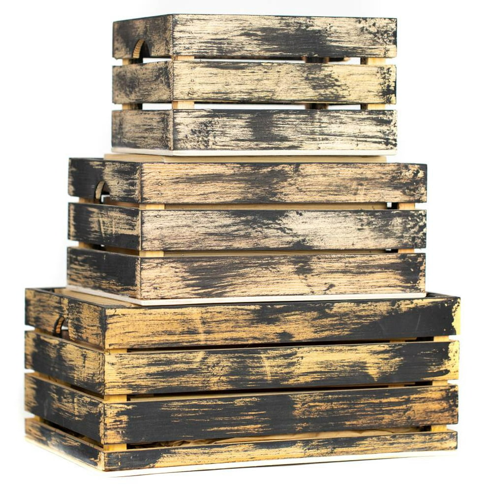 3Pc Rustic Decorative Wood Crate Set in Black and Natural Walmart