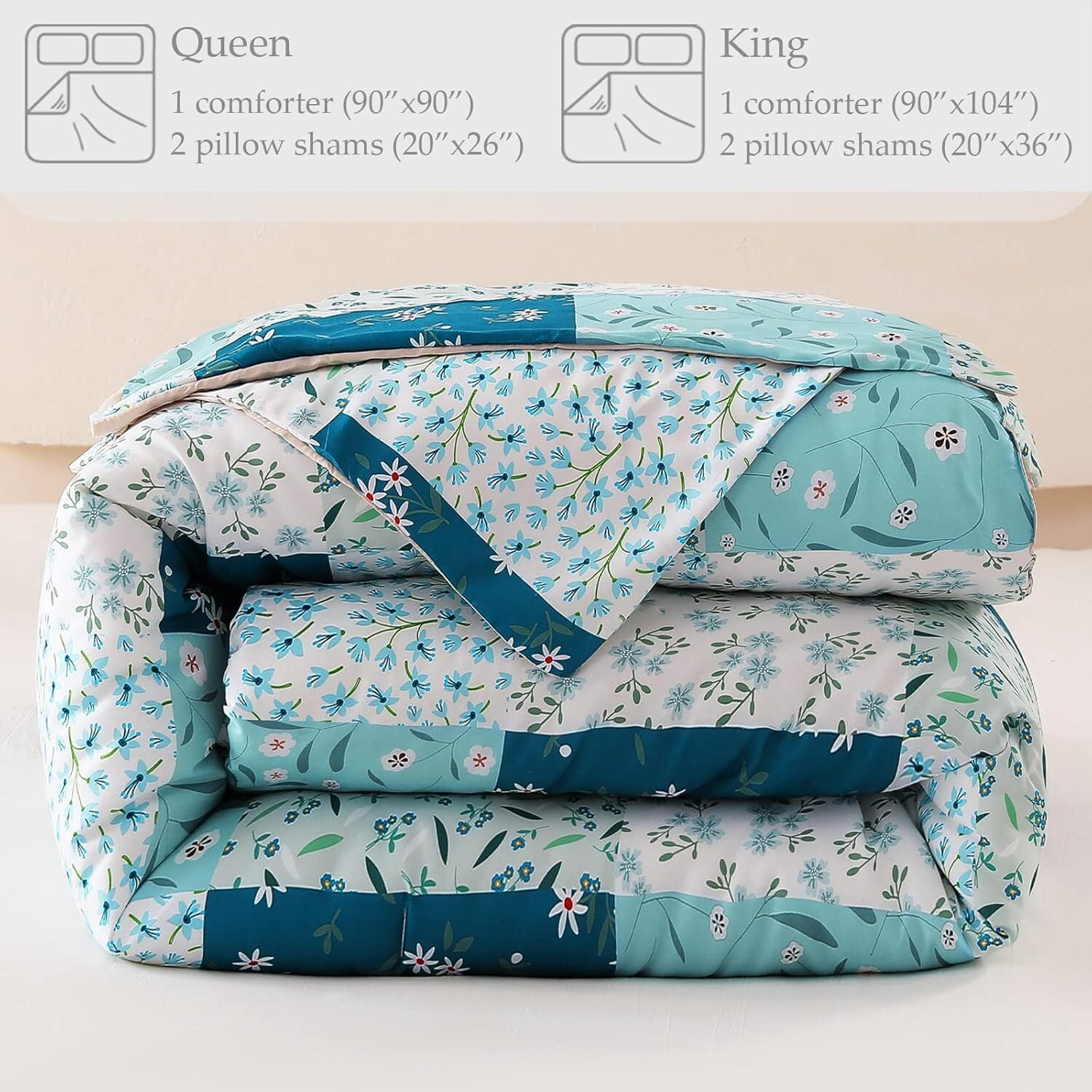 Whale Flotilla 3-Piece King Comforter Set, Soft Reversible Bedding Comforter Sets, Patchwork Printed Down Alternative Comforter Duvet for All Seasons, Blue