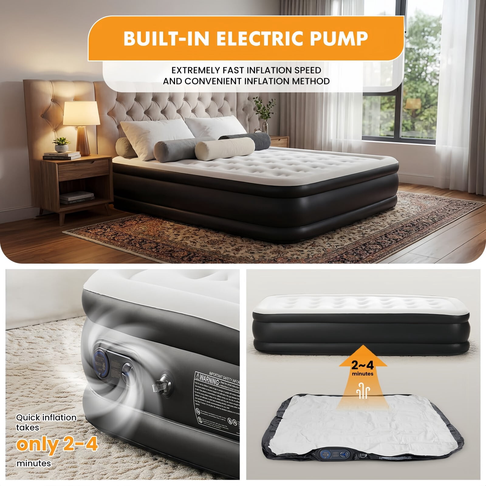 Kelno 22" Queen Air Mattress with Built in Pump Portable Inflatable Bed with Non Slip Bottom, Black