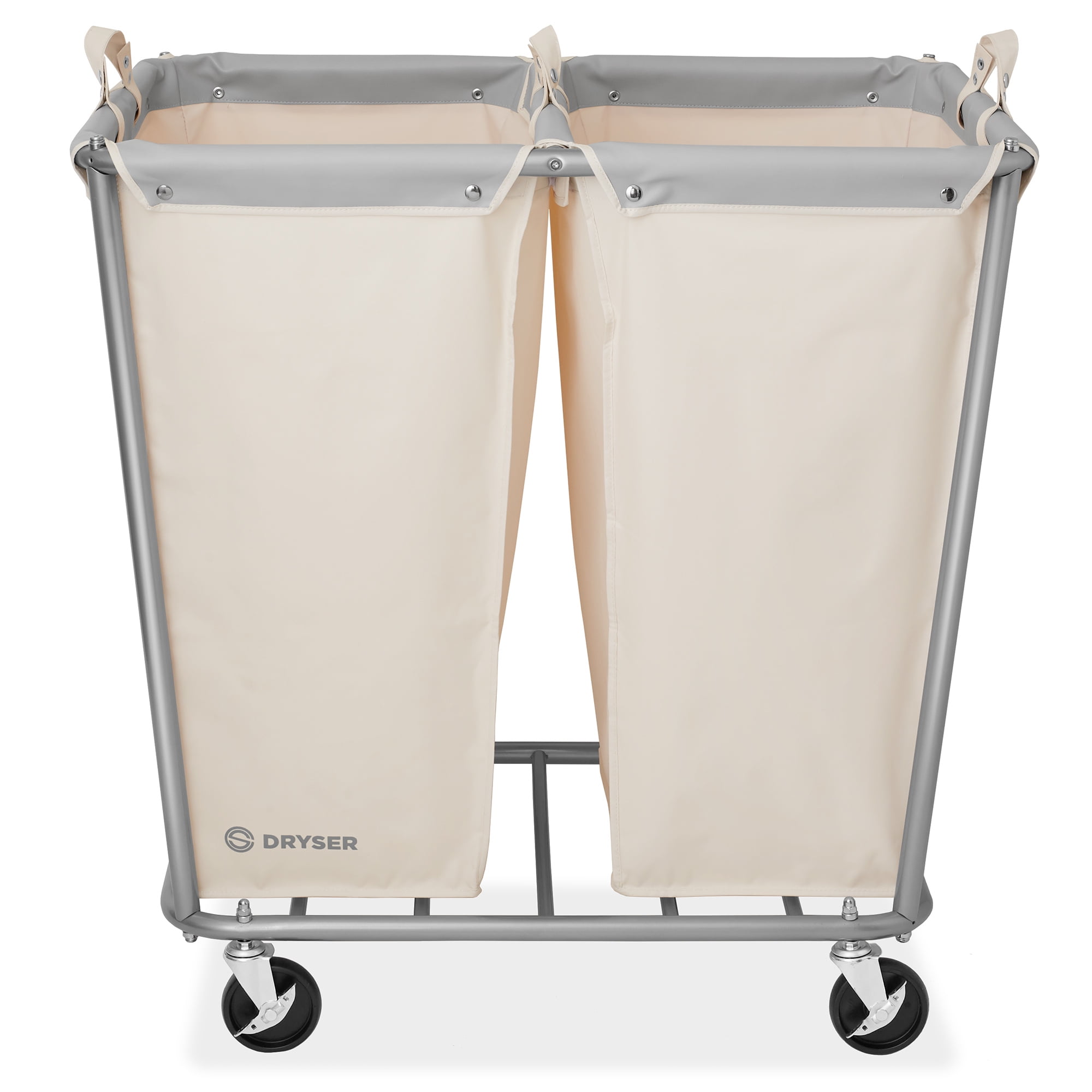 Dryser 2 Section Commercial Rolling Laundry Hamper on Wheels with Removable Canvas Bins - White