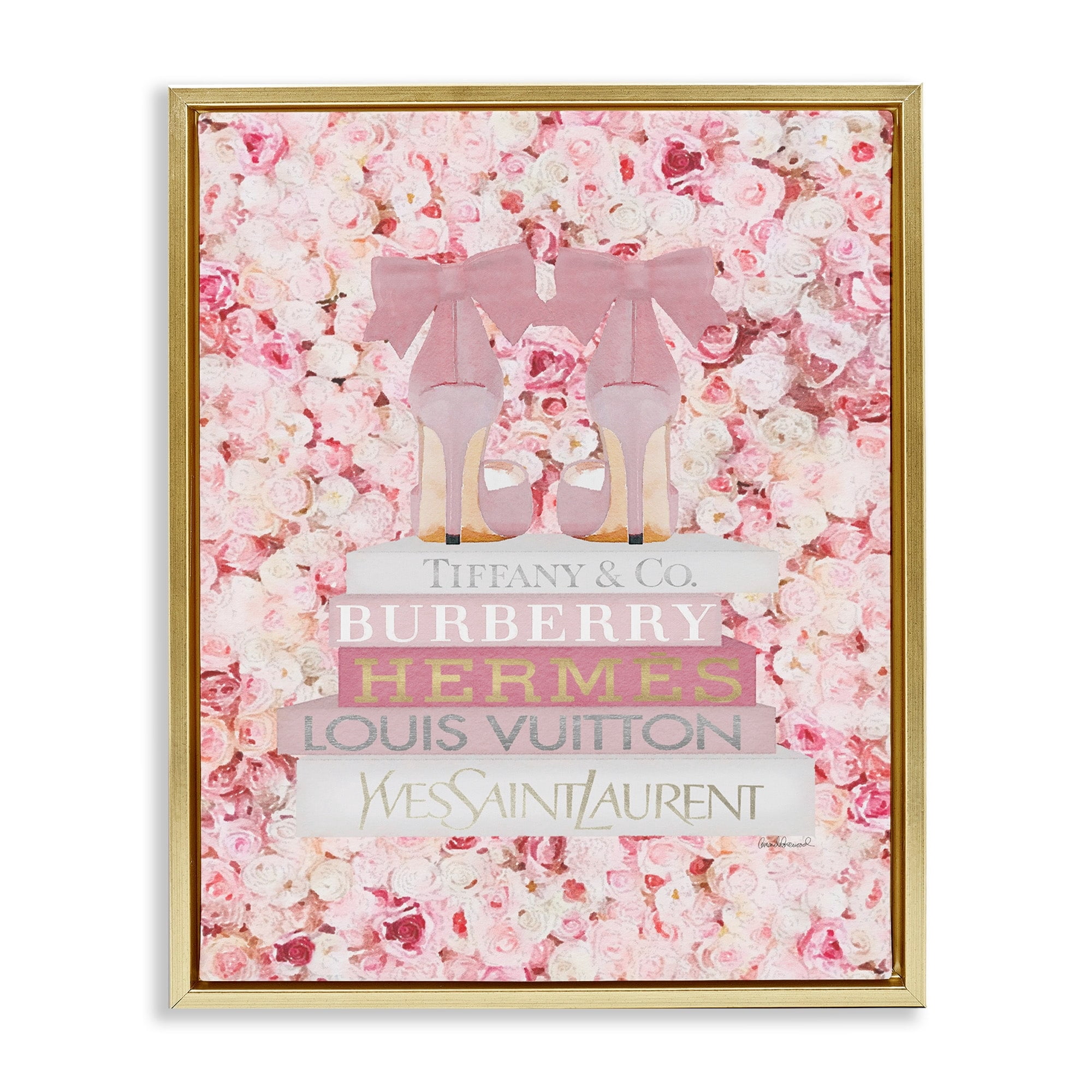 Stupell Industries Pink Fashion Heals with Glam Books and Rose Details Metallic Gold Framed Floating Canvas Wall Art, 16x20, by Amanda Greenwood