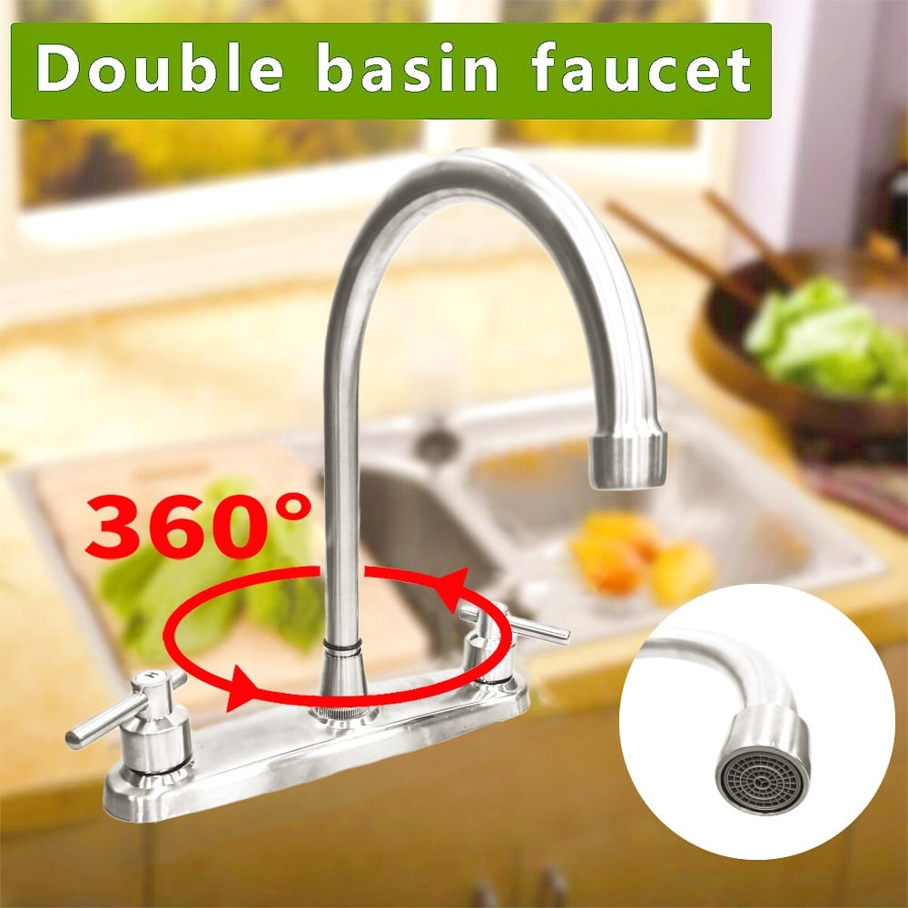 Kitchen Sink Faucet 2 Handle 8 Inch Centerset High Arc 360° Swivel Hot & Cold Faucet for Rv Camper Laundry Utility Bar Sinks Metallic RV Kitchen Faucet (Fit for 8 inch 2 or 3 Holes), Brushed Nickel