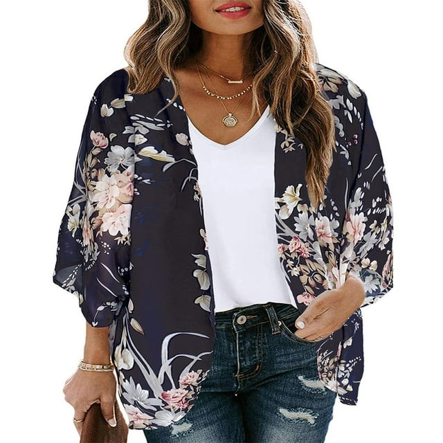 CHOK Maillots de Bain Cache-Maillots pour Femmes Kimono Imprimé Grande Taille Hauts d'Été Décontractés Blouse