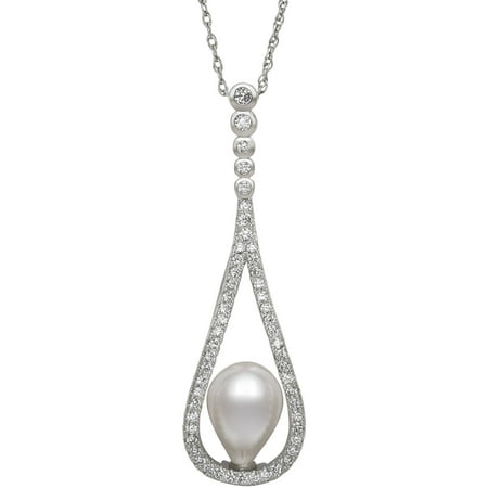8-9mm Drop Cultured Freshwater Pearl and CZ Pendant, 18