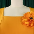 thumbnail image 5 of AURA Plus Size Square Neck A Line Midi Dress High Waist Large Skirt Bell Sleeve Solid Color Belted Dress with Flower, 5 of 9