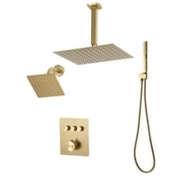 KFFKFF 12-Inch Thermostatic Ceiling Rain Shower System with Wall-Mounted Head and Handheld Spray, 3-Function Dual Rain Head with Brass Valve Trim Kit, Brushed Gold
