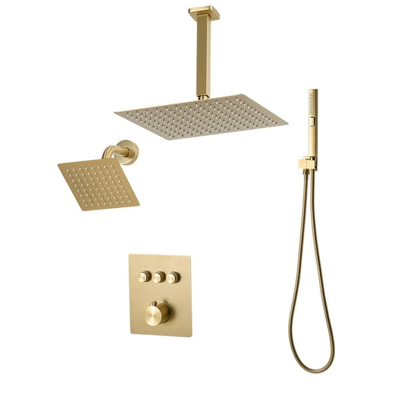 KFFKFF 12-Inch Thermostatic Ceiling Rain Shower System with Wall-Mounted Head and Handheld Spray, 3-Function Dual Rain Head with Brass Valve Trim Kit, Brushed Gold