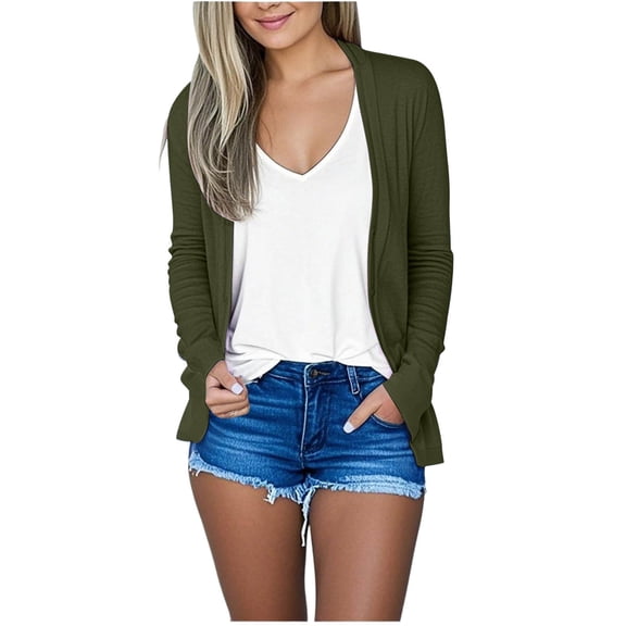 YUTK Summer Fall Cardigans for Women Lightweight Open Front Jacket Trendy Blouses Casual Long Sleeve with Pocket Army Green L