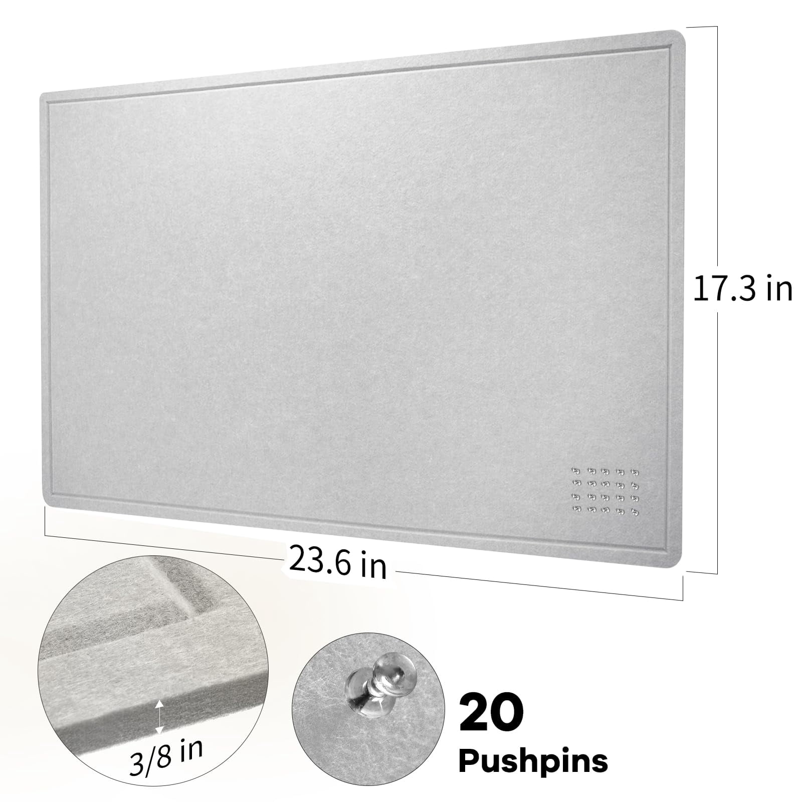 Bulletin Board  24 X 18 Inches Felt Decorative Pin Cork Alternative For Wall Foldable Photo Self-adhesive Vision Mood With 20 Pushpins - Light Gray