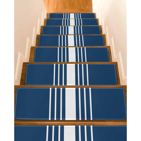 Abstract White Striped Stair Treads Non Slip for Steps Simple Blue Background 10 Pcs Reusable Adhesive Stair Runner Mats for Dogs Elders Carpet Treads Rugs for Staircase 8x30 In