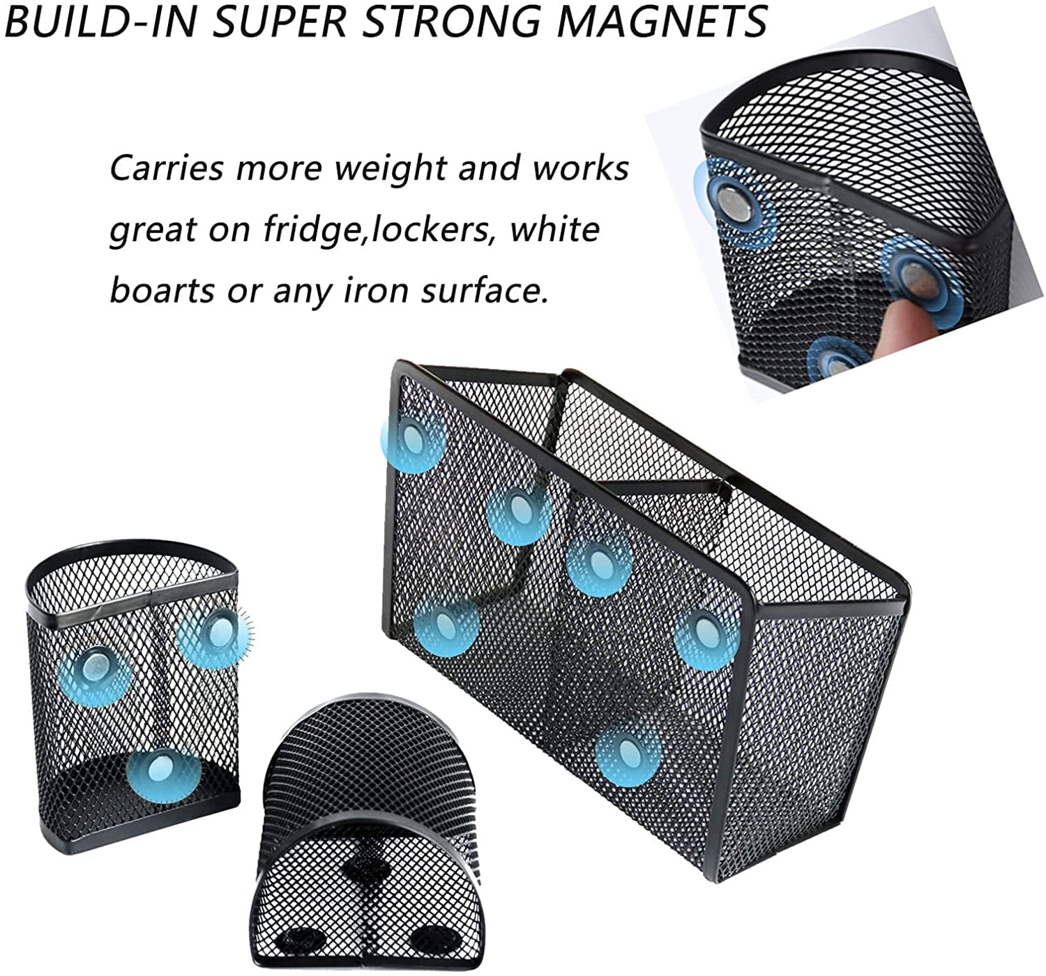 Casewin Magnetic Pencil Holder,3 Pack Magnetic Storage Basket Organizer,Extra Strong Magnets Pen Holder, for Your Whiteboard, Fridge, Cubicle Desks, Locker Accessories
