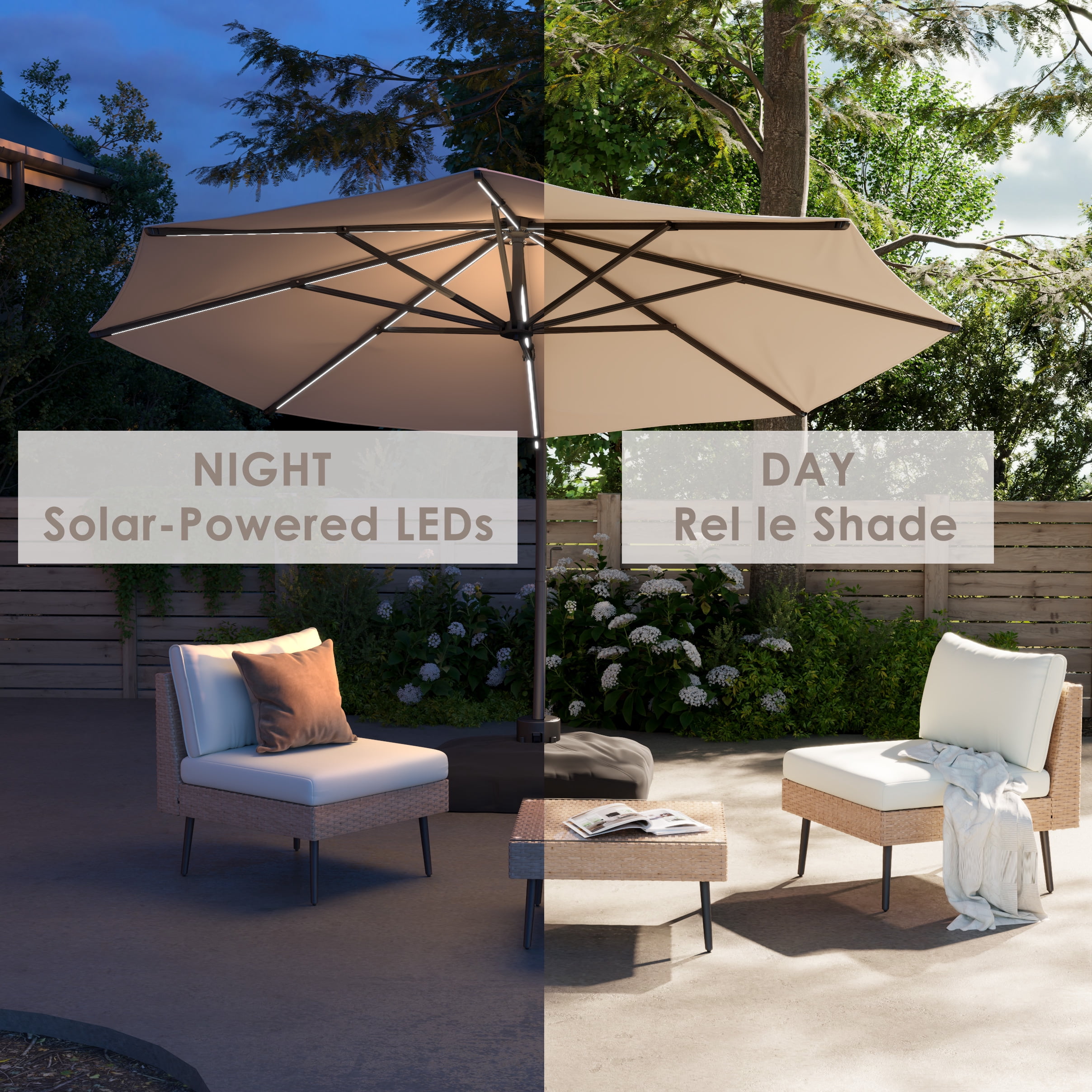 LAZZO 11ft Outdoor Patio Umbrella with Base and Lights, Aluminum Offset Cantilever Umbrella for Pool Deck, Champagne
