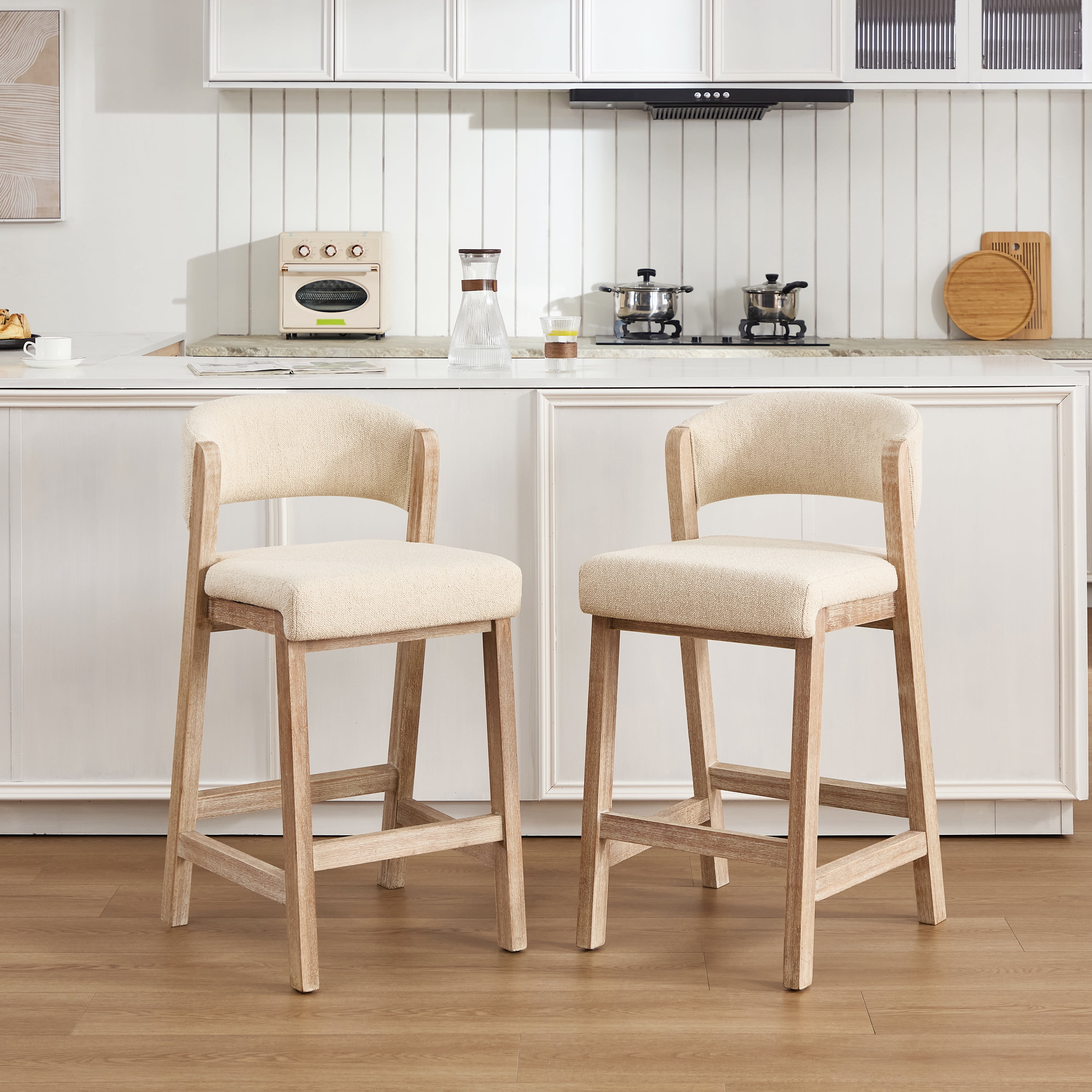 Zesthouse 26.2″ Counter Height Wooden Bar Stools Set of 2, Linen Upholstered Barstools with Curved Backs, Thick Cushion, Vintage Brushed Brown Wood Legs, Modern Bar Chairs for Kitchen Island, Beige