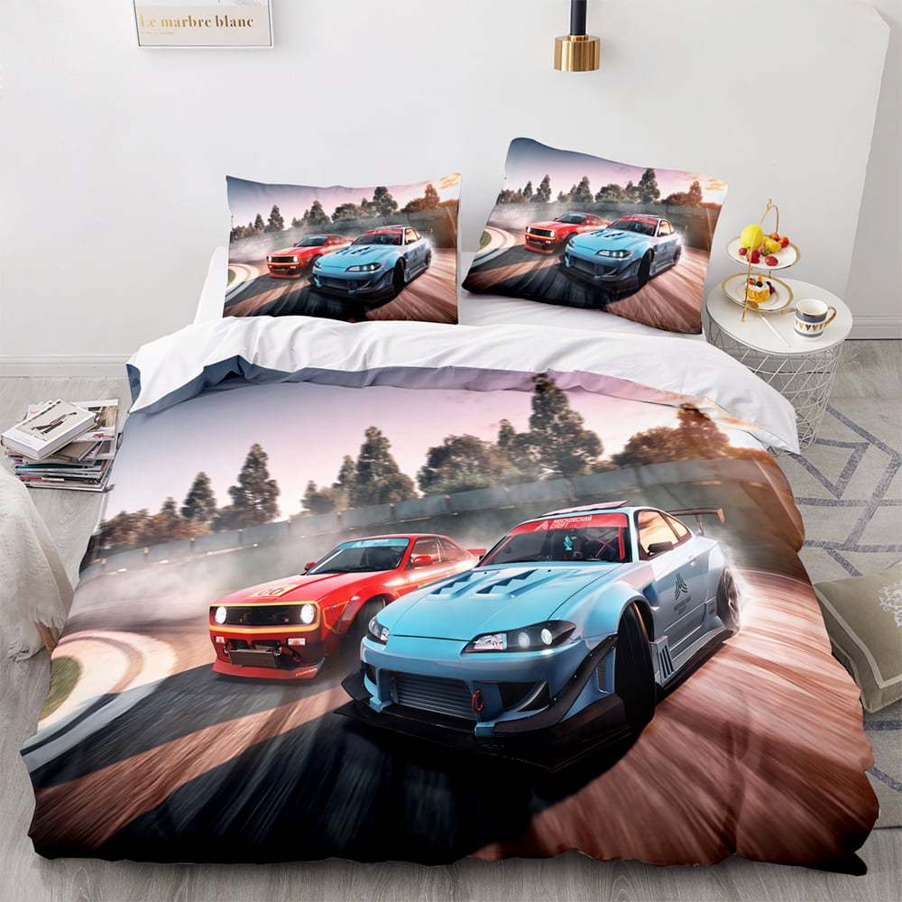 Homewish Drap Housse Enfant 90x190 Cm Voiture De Course Noir - Avec Taie D'Oreiller