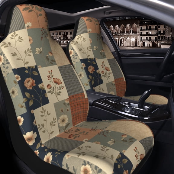 Floral Patchwork Fabric Car Seat Covers Set of 2 for Women and Men, Universal Fit Bucket Seat Protectors for Cars, SUVs, Sedans and Trucks, Soft Breathable Polyester, Front Seats Only