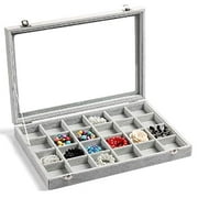 Wudygirl Ice Velvet 24 Grid Jewelry Tray Box Removable Display Case Organizer Glass Top Lid & Lock(24 Grid)