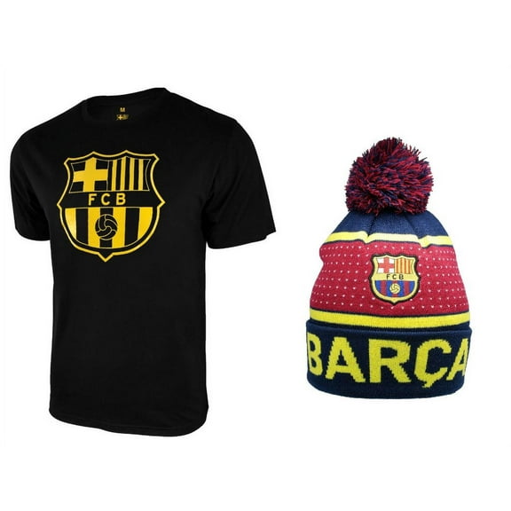 Icon Sports Men FC Barcelona Official Soccer T-Shirt and Beanie Combo 28 - Small
