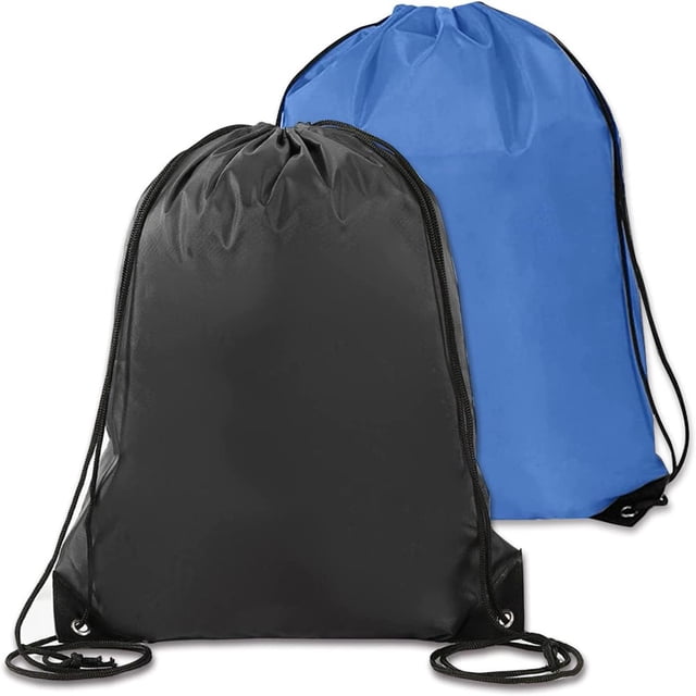 JUNWELL 2Pcs Drawstring Backpack Bags, featuring a black and a blue drawstring bag made of lightweight polyester material. Each bag measures approximately 45 cm in length and 39 cm in width, suitable for children and adults. The bags include PU leather reinforced corners for added durability and a spacious interior for storing books, towels, water bottles, and more.