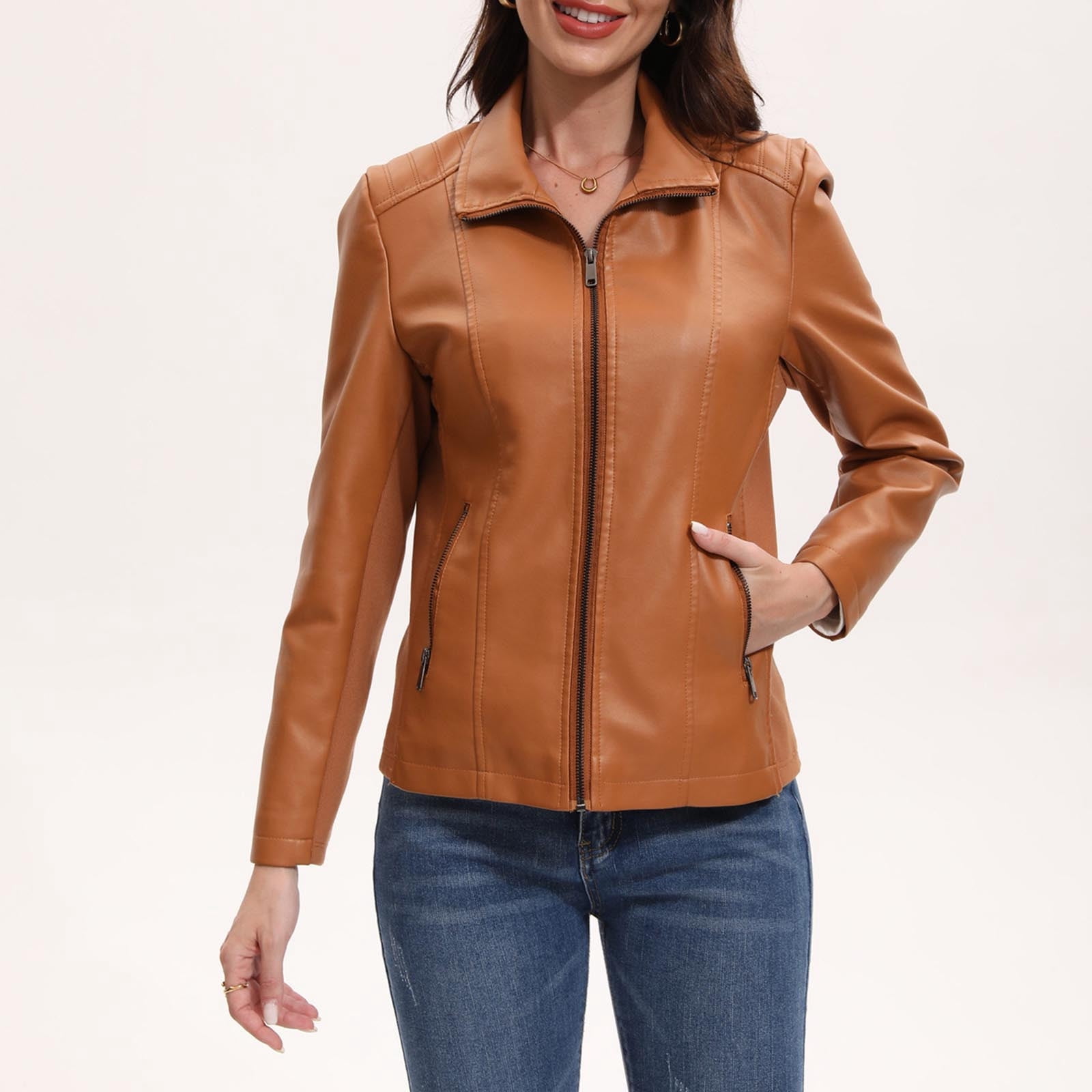 CHUMUD Women's Faux Leather Jacket with Zipper Pockets Motorcycle Fashion Zip Up Coat Trendy Going Out Jackets