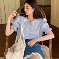 thumbnail image 2 of Camisas dulces vintage para mujer, blusas con bordados y estampado floral, blusas casuales de manga corta abullonadas para estudiantes preppy de verano coreano, nuevas, 2 of 4