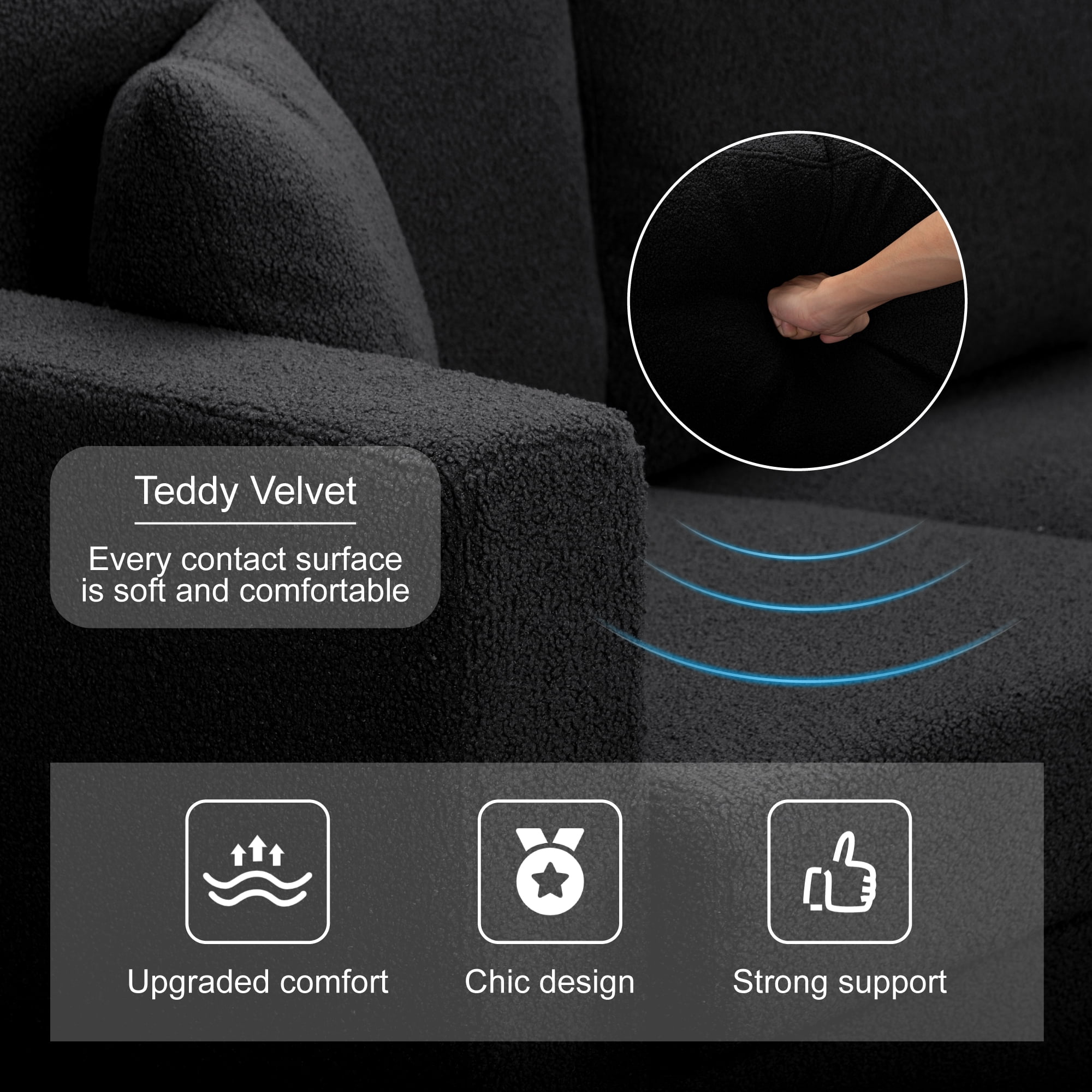 Gewnee 86.5''Modern Teddy Velvet Sofa with 2 Pillows,Extra-Wide Deep Sofa Couch,Suitable for Living Room,Bedroom,Office,Apartment (Black)