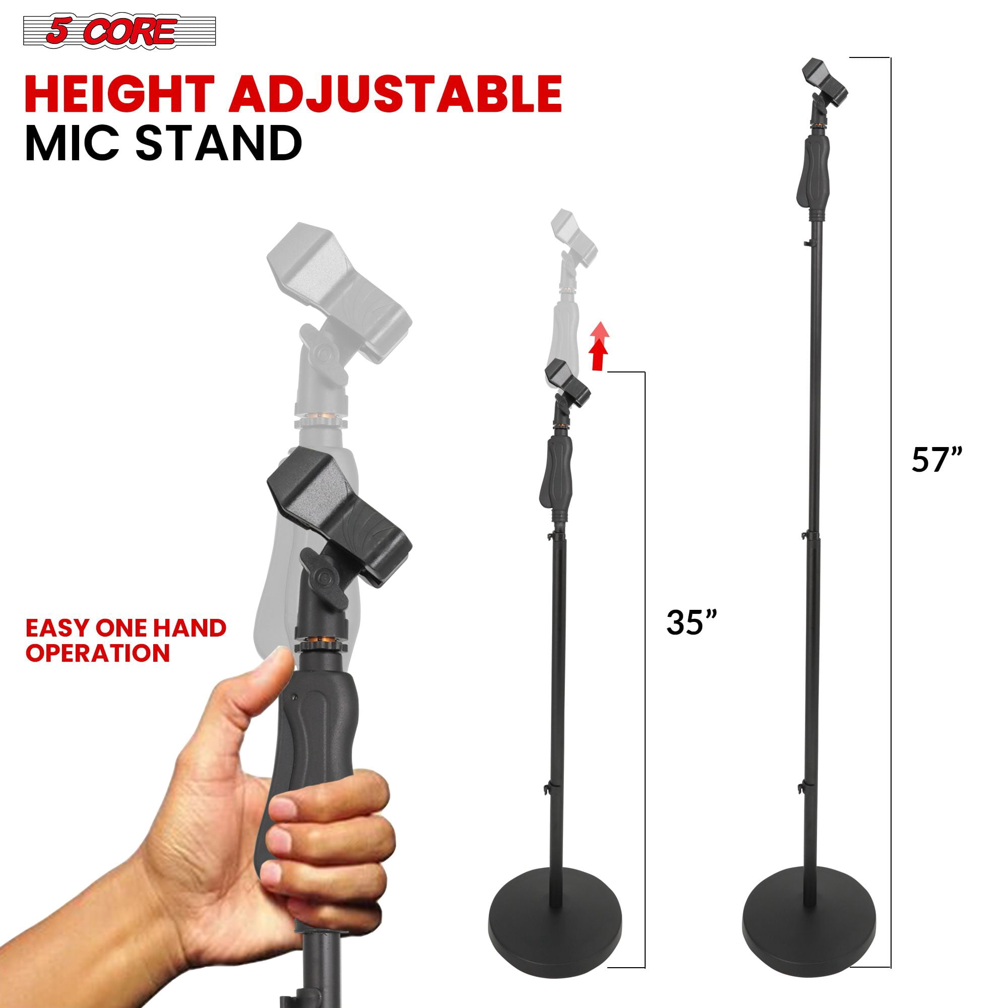 2Pcs Heavy Duty Adjustable Floor Mic Stand (35-57") w/Quick-Setting Knob & Accessories - 10" Base, 2 Clips, Wire Management