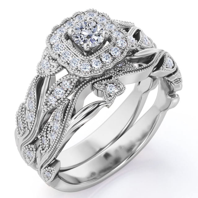 JeenMata Anillo de Bodas Antiguo con Diamantes Redondos y Filigrana de Diamantes de Estilo Eduardiano, Estilo Art Déco, Engastado en Oro Blanco de 10 K