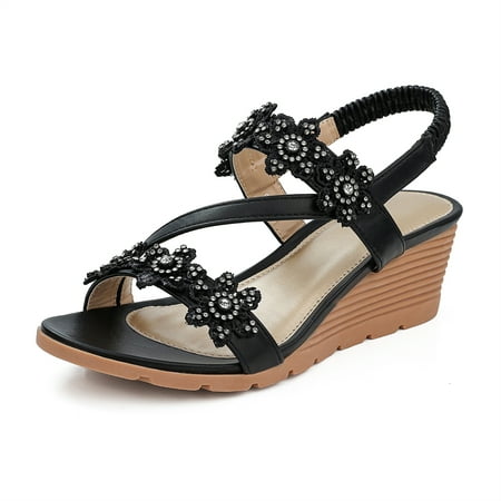 

SHIBEVER Wedge Sandals for Women Bohemia Elastic Ankle Strap Sandals Open Toe Flower Rhinestone Summer Platform Shoes Black
