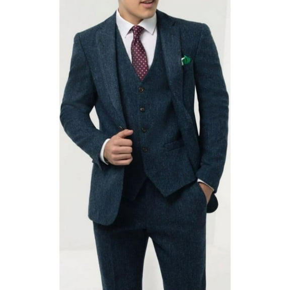 Mens Blue Windowpane Check Tweed Suit