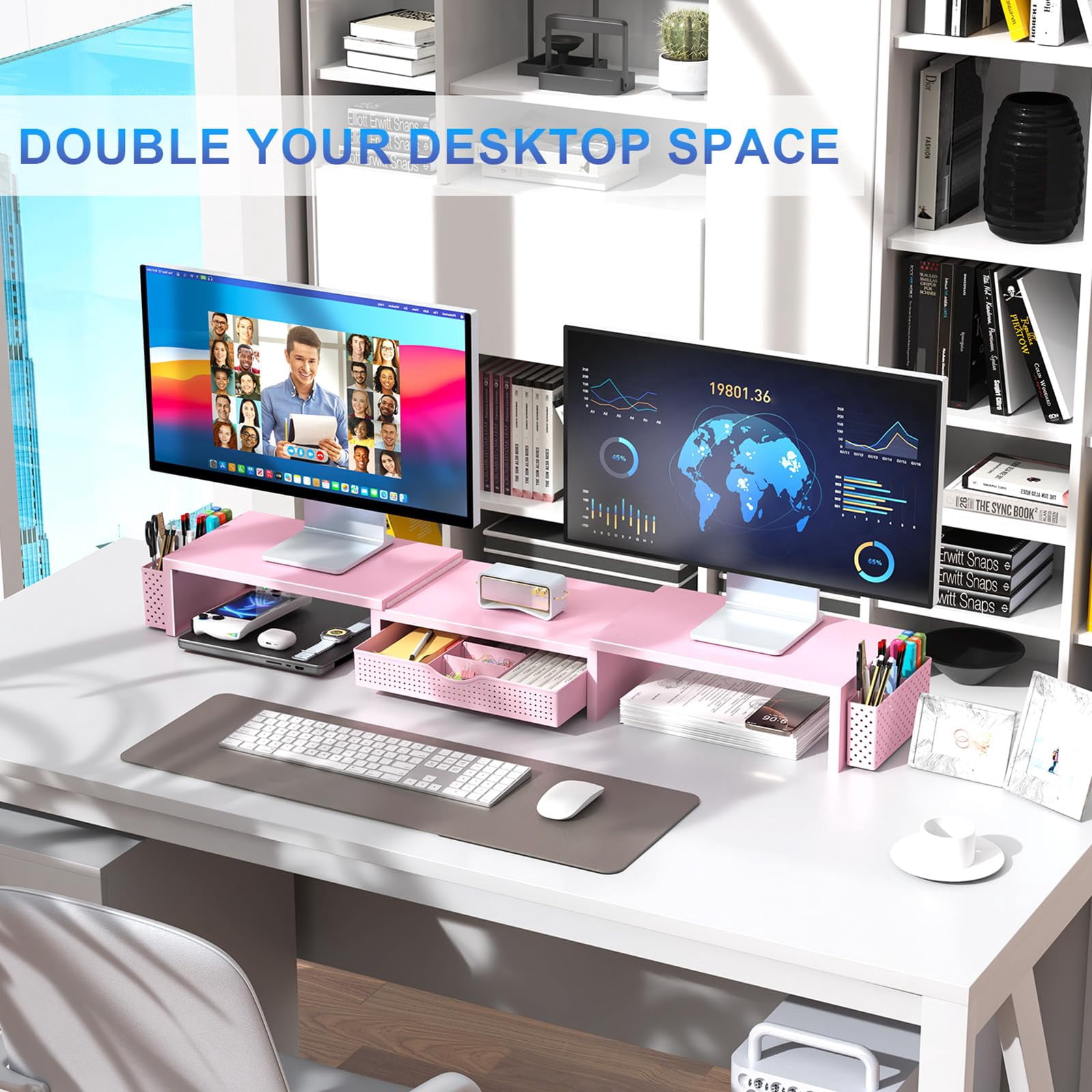 Dual Monitor Stand Riser  Desk Organizer With Drawer And 2 Pen Holders Organizers Accessories Pink Office Supplies (pink)