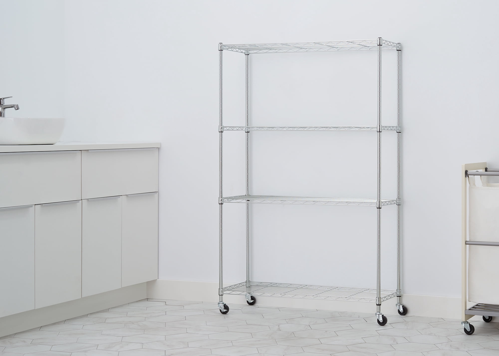 TRINITY BASICS EcoStorage® 4-Tier NSF 36"x14"x54" Wire Shelving Rack w/ Wheels / Chrome