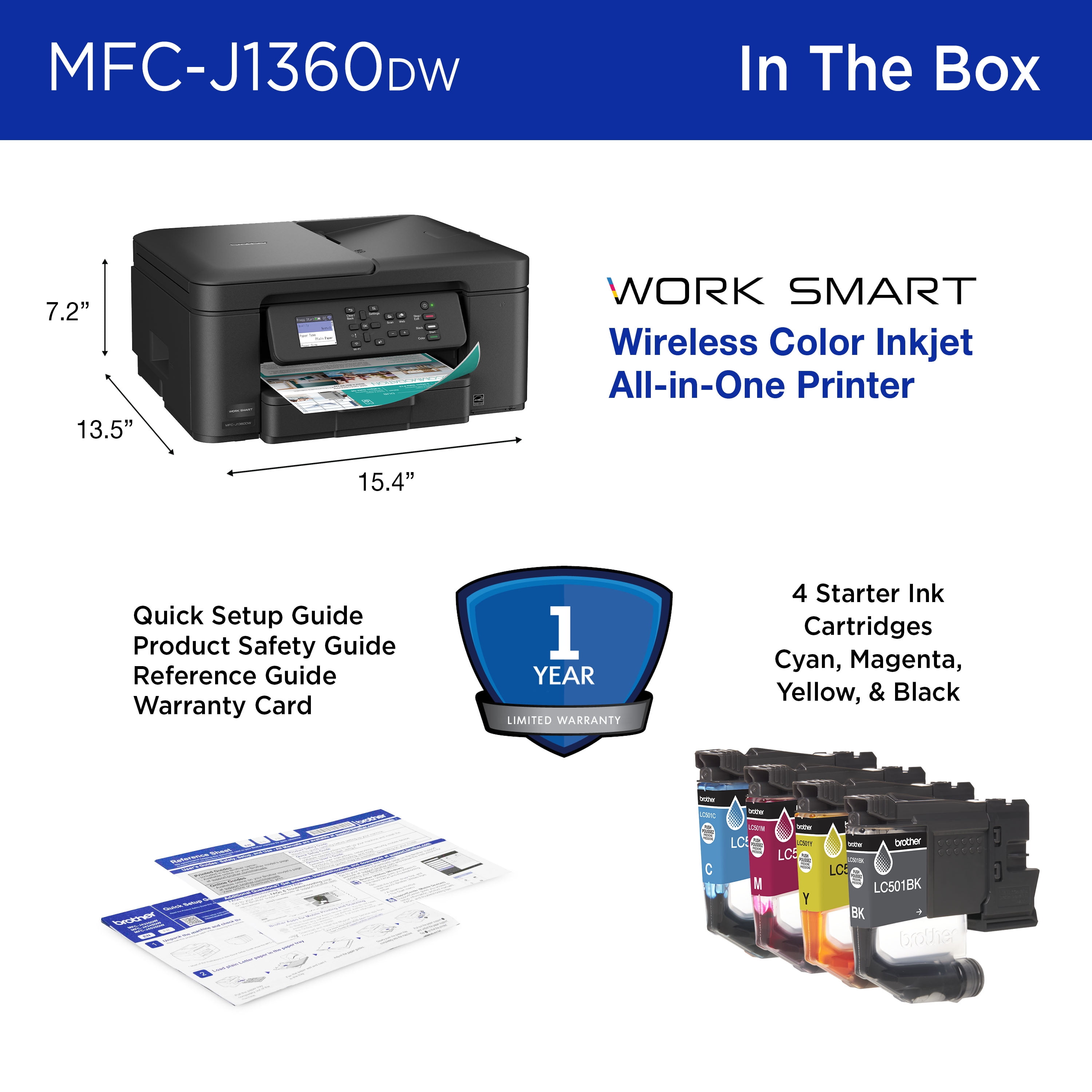 Brother MFC-J1360DW Work Smart Wireless All-in-One Color Printer – Prints on Both Sides, Copies and Scans Multiple Pages, Easy-to-Use Color Display
