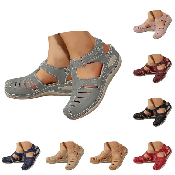 Modstep Closed Toe Summer Dressy Wedge Sandals for Women Hook and Loops Ankle Strap Slides Arch Support Hollow Out Walking Shoes Beige 7