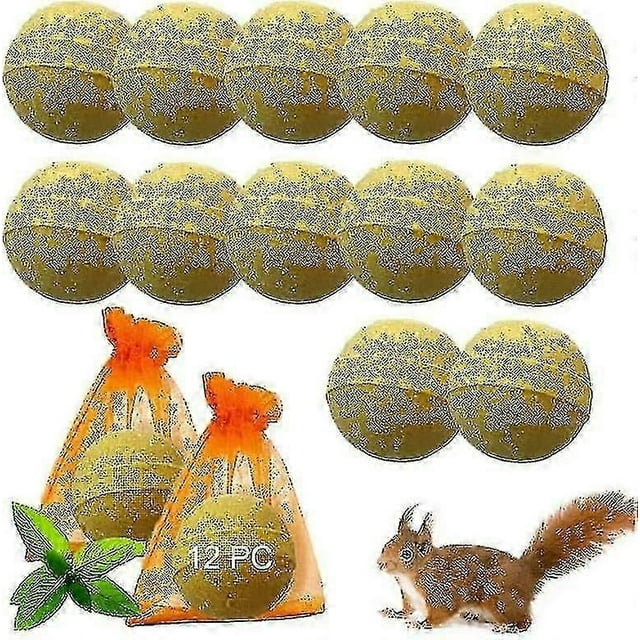 squirrel repellent pack, natural chipmunk deterrent for bird feeders, garden, and attic, safe for pets — imagen frontal de doce sachets redondos y dos bolsas de malla naranja con gránulos de repelente; etiqueta "12 PC" y dibujo de ardilla visibles; textura granulada y hoja ilustrada que sugieren aceites esenciales botánicos; para distribuir alrededor de comederos, macetas y áticos; a menudo usado también en compartimentos de motor para disuadir mordeduras cuando se aplica según instrucciones.
