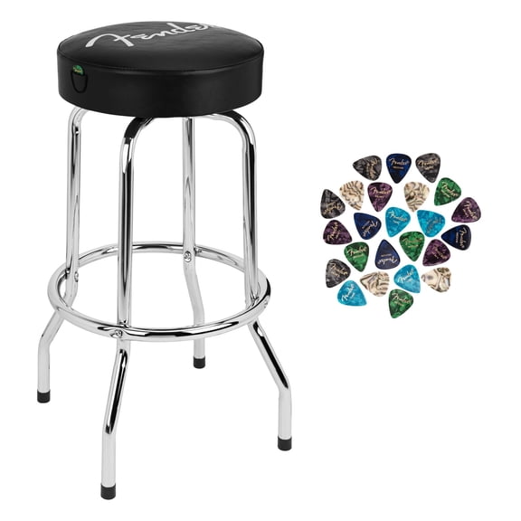 Fender 30 Inch Spaghetti Logo Pick Pouch Barstool Bundle with Austin Bazaar Exclusive 24-Pack Guitar Picks