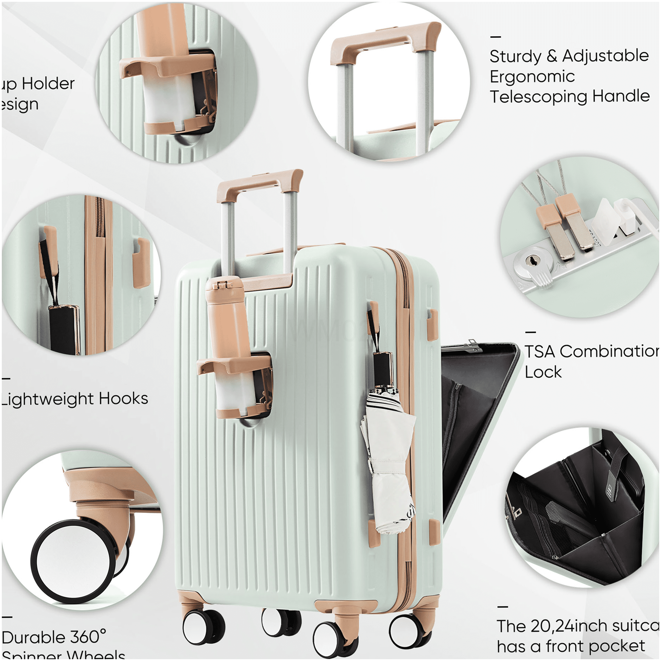 3-Piece ABS Hard Shell Luggage Set with USB Ports, Front Opening Suitcases, 360° Spinner Wheels & Cup Holder, Gray
