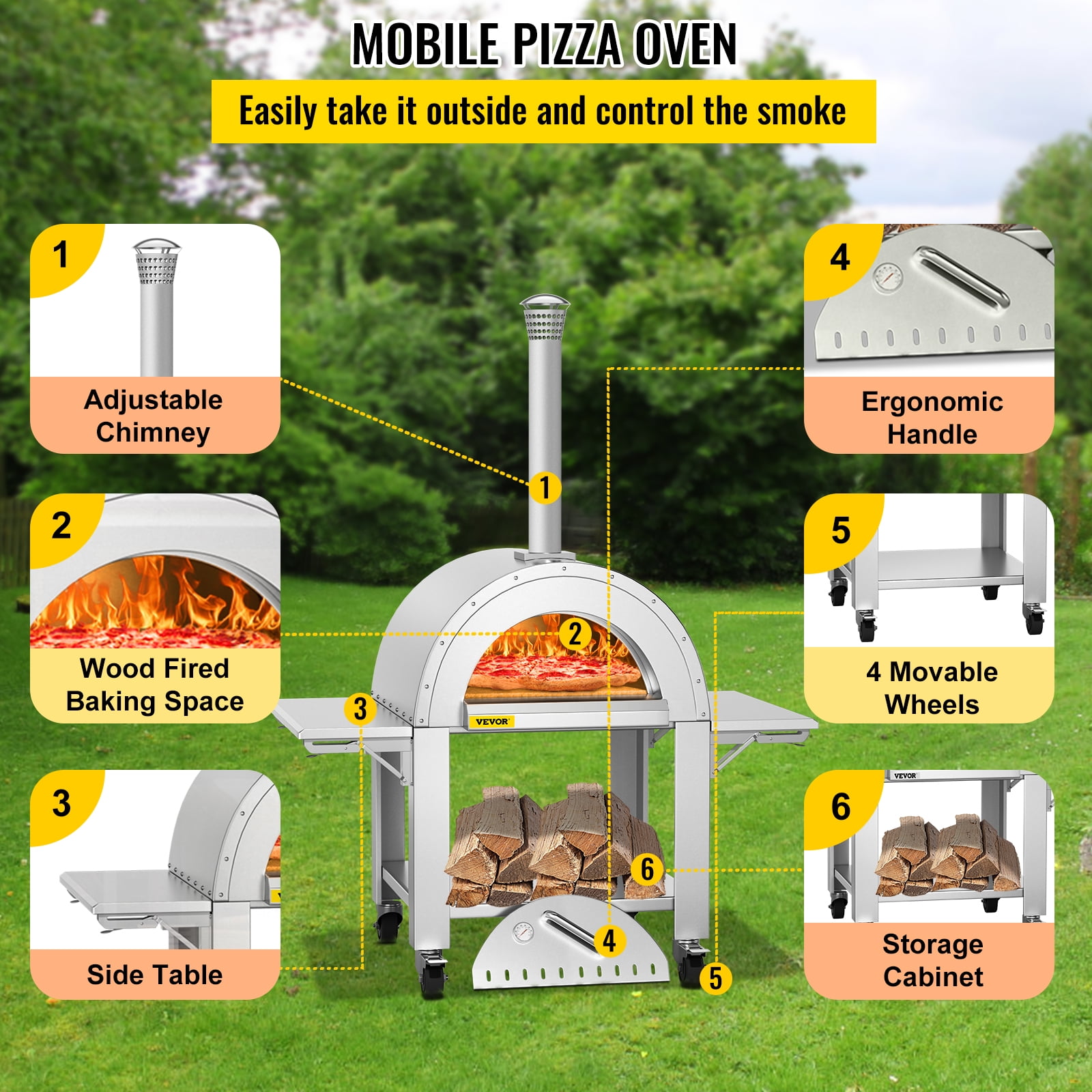 BENTISM Outdoor Pizza Oven Wood Fired Pizza Oven Movable Stainless Steel 32