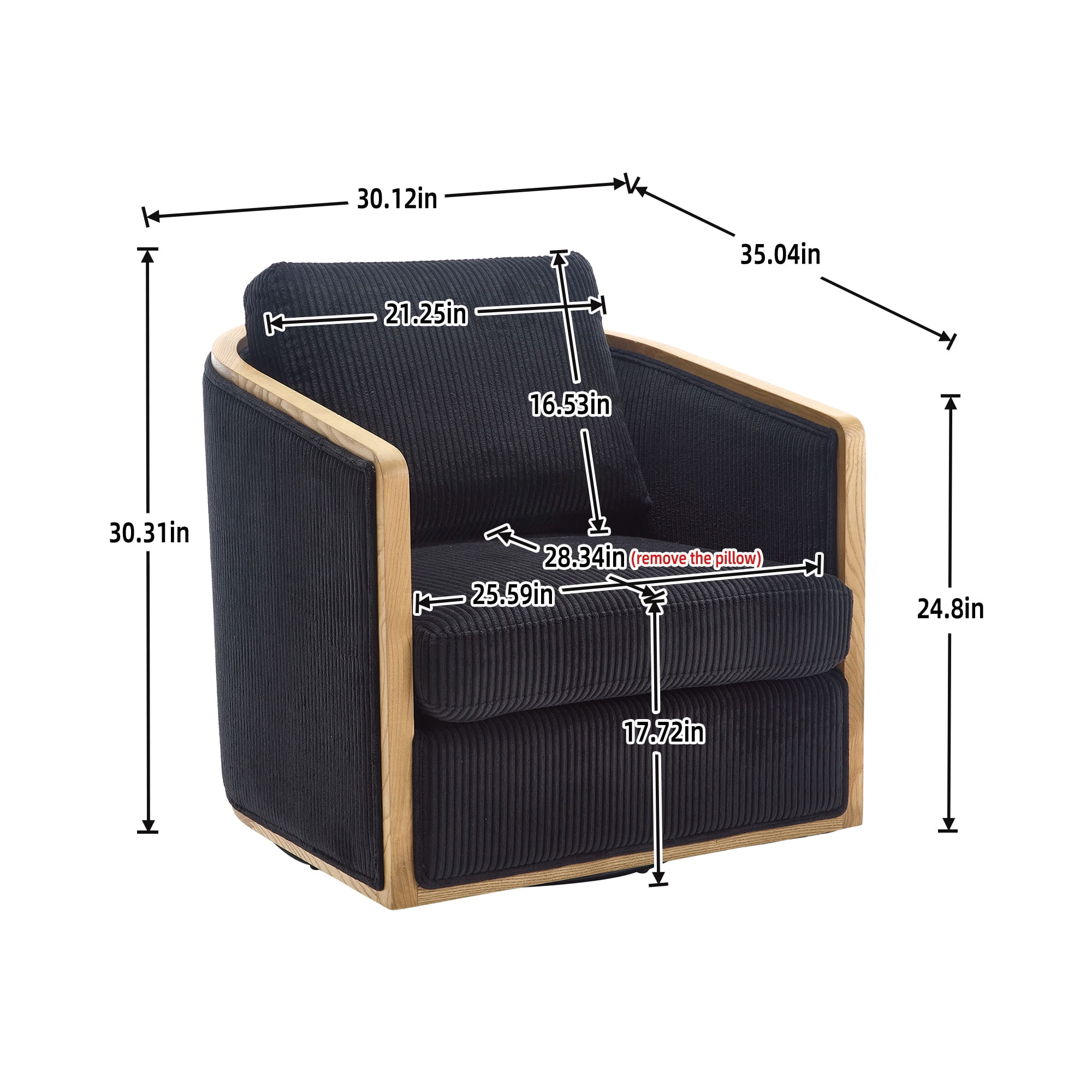 MOONMISS Corduroy Upholstered 360°Swivel Comfortable Round Barrel Chair for Living Room,Bedroom-Black