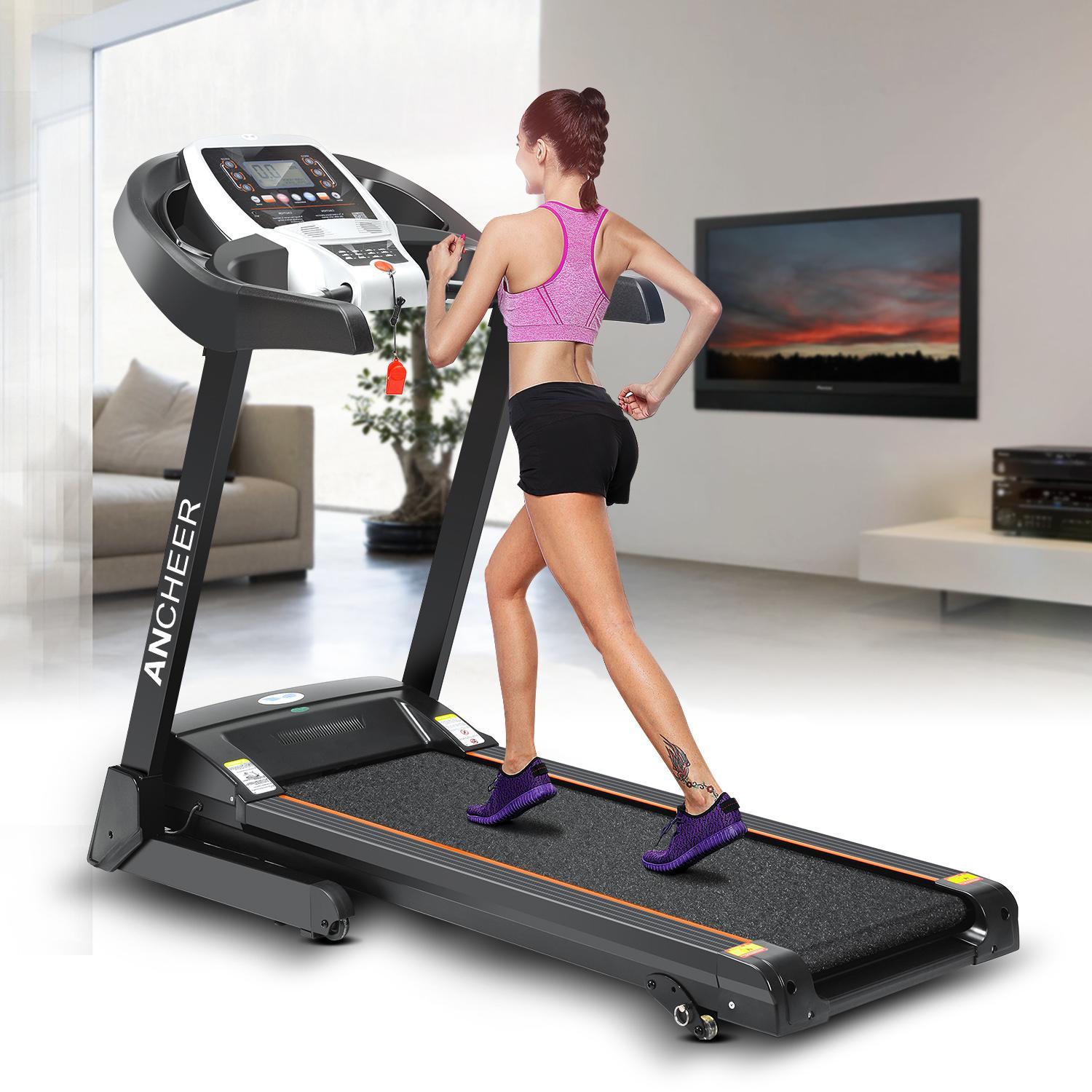 Ancheer Treadmill, 3.0HP Bluetooth+12 Running Program Electric Folding Treadmill 9MPH&amp;300LB Running Machine with LCD Display and Manual Incline, App control/Heart Rate Sensor/Shock Absorber