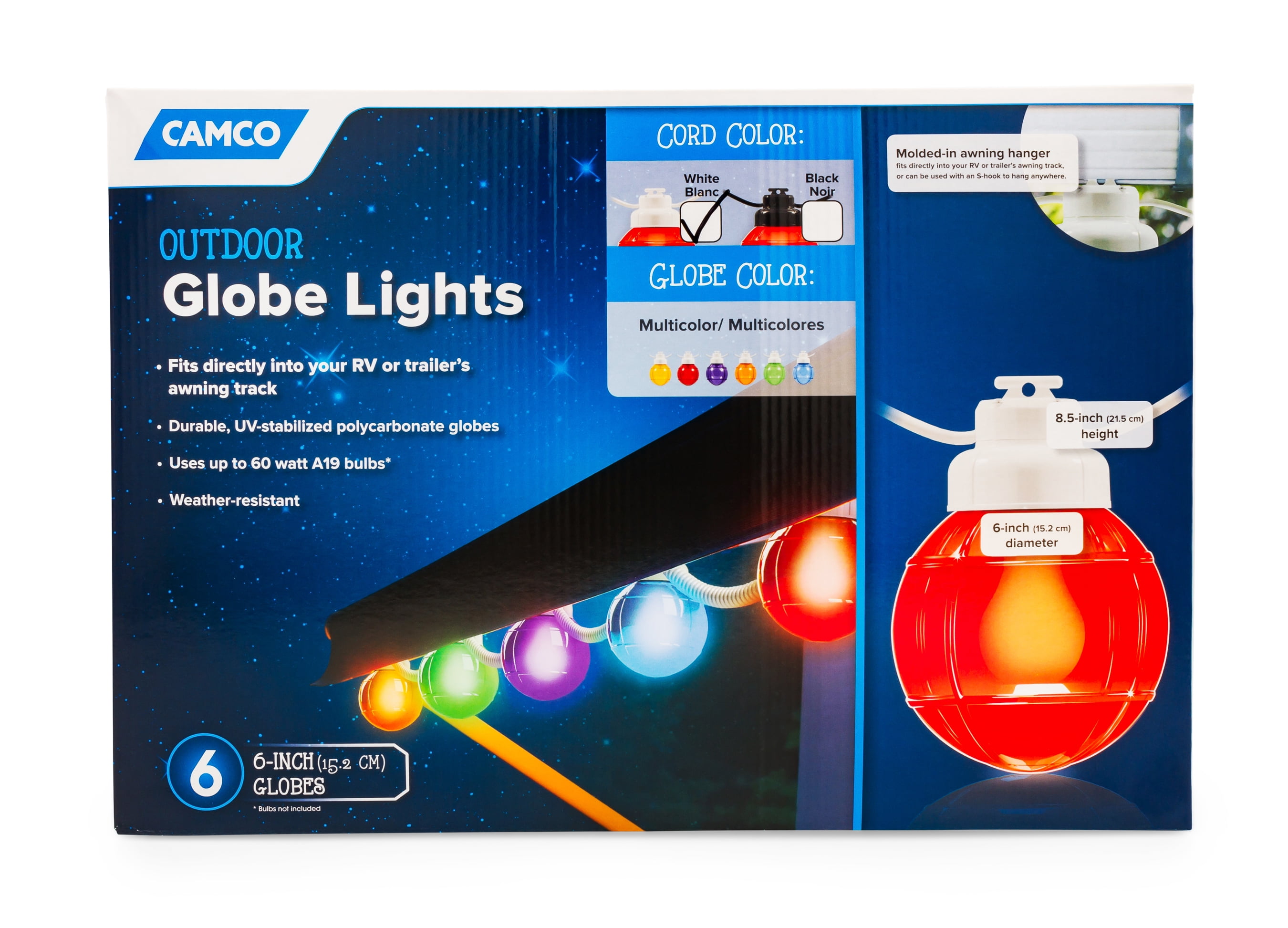 Camco Decorative RV Awning Globe Lights 6 Multicolor Globes on White