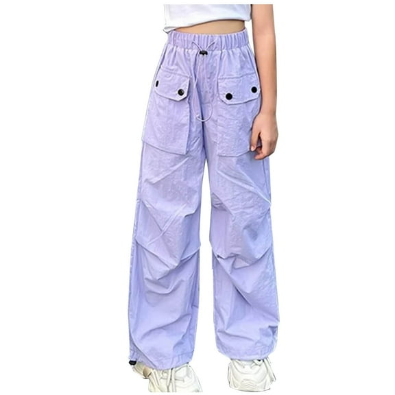 Mgmyaa Girls' Cargo Pants Summer Kids Wide-Leg Pants Elastic Waist Drawstring Loose Lightweight Parachute Pants with Pockets 5-16Years