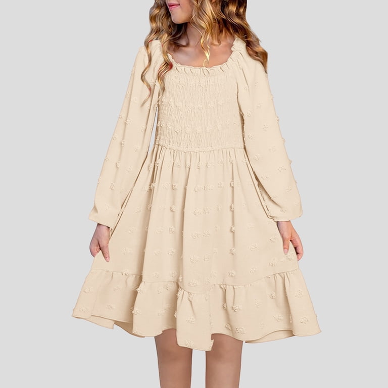 winter dresses cute Wuandixfa for Girls Fashion Girls Comfortable and Fashionable Dress Princess Dress Sweet Long Sleeved Casual Dress,Khaki,11-12 Aradia Size:44 (for waist size 48