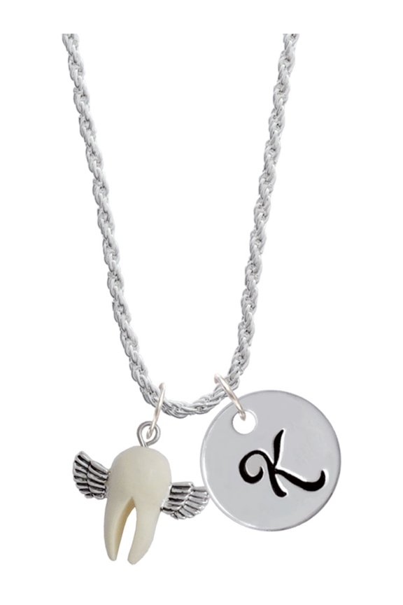 White Tooth with Wings - Tooth Fairy Silvertone Script Initial Disc - K - Charm Necklace, 20"+3"