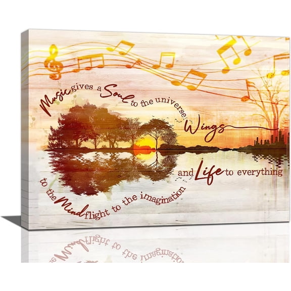 Music Wall Art Guitar Wall Decor Rustic Musical Note Pictures Painting Lake Artwork Farmhouse Canvas Home Decor Framed for Bathroom Bedroom Living Room Classroom 12"x16"